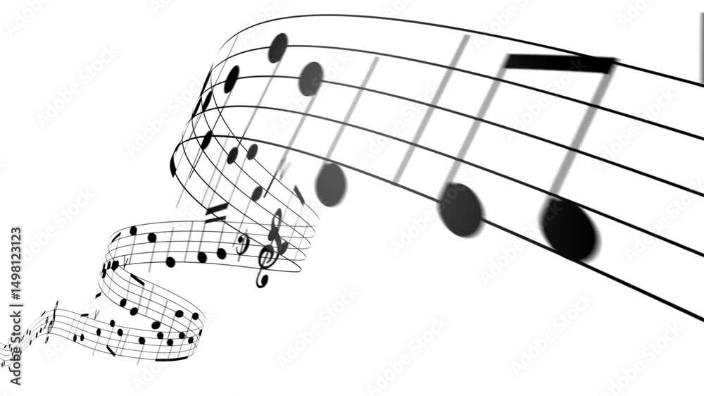 Streaming musical notes on white background.