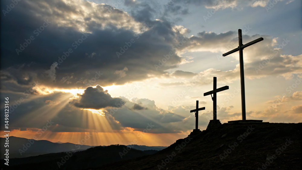 Obraz premium three Christian crosses on a hill, silhouetted against holy heaven
