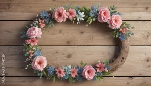 Delicate watercolor floral wreath on rustic wood  , wood, garden