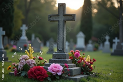 A solitary cross marking a grave in a serene Catholic cemetery, adorned with flowers and symbols of remembrance.