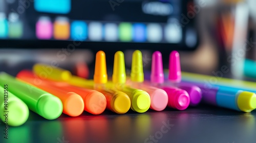 Colorful markers arranged in a row. photo