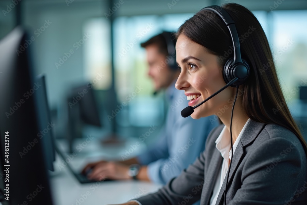 Close-up Shot of Female Customer Support Agent Assisting Client in Busy Call Center Hub Close-up Shot of Female Customer Support Agent Assisting Client in Busy Call Center Hub