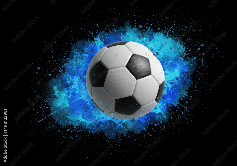 Fototapeta premium A soccer ball surrounded by a blue paint splash on a solid black background
