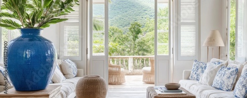 Serene Tropical Living Room with Stunning Mountain View