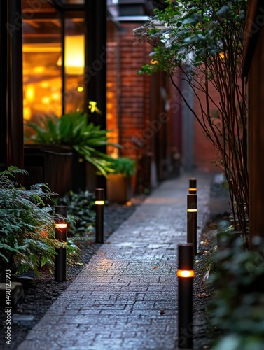 Illuminated Pathway: A Serene Brick Walkway at Night