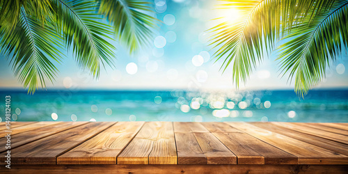 A vibrant tropical beach scene features a wooden deck adorned with lush palm leaves. Sunlight filters through the leaves, casting a warm glow over the serene ocean and bright sky