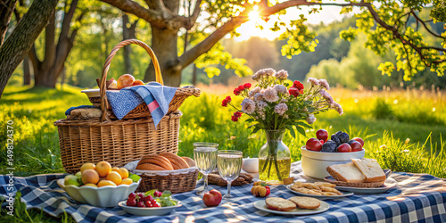 A leisurely picnic takes place on a checkered blanket in a park, surrounded by vibrant flowers, baskets of fresh fruits, and baked treats as sunset approaches