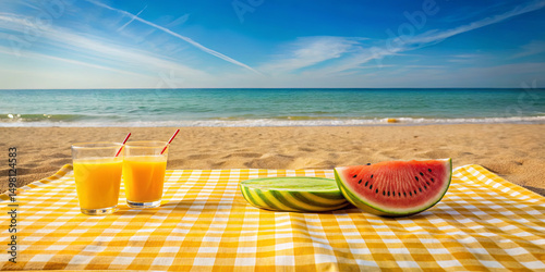 Two glasses of orange juice sit beside a plate of sliced watermelon on a checkered blanket on the beach, with the ocean and clear sky in the background
