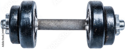 A single classic dumbbell with a rubber encasement and hex shape for hand weight exercises