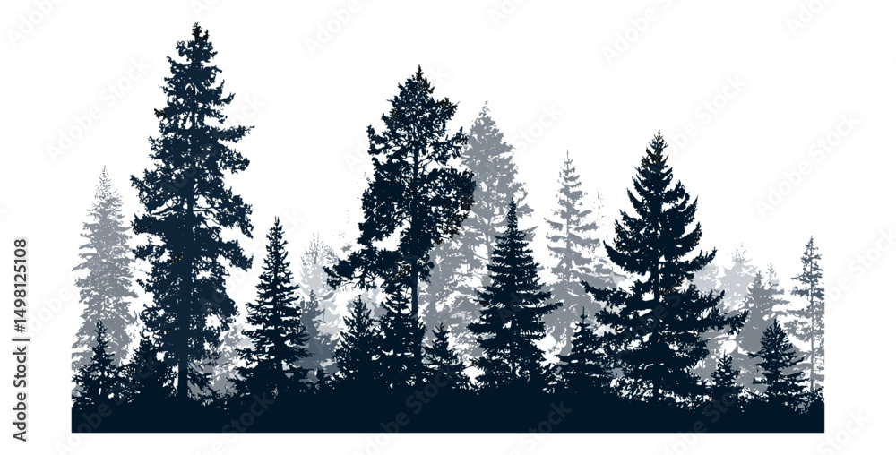 Fototapeta premium Silhouette of evergreen coniferous trees, pine, fir, cedar, Scotch fir, isolated separate trees, vector illustration, natural landscape, forest wilderness, outdoor adventure, timber forest.