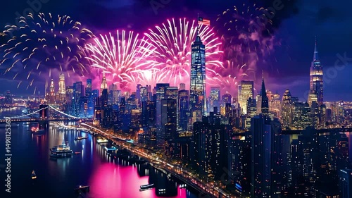 Fourth of July night city skyline with sparkling fireworks lighting up the sky above tall buildings in patriotic celebration photo