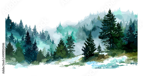 Winter hill, misty foggy forest, frozen taiga, wild nature, green landscape, watercolor background, vector illustration, cold climate scenery, seasonal forest view, wilderness panorama.