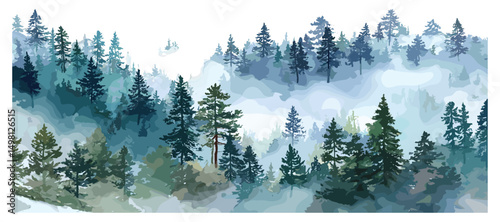 Foggy forest landscape, winter hill scenery, frozen taiga, wild nature environment, green hills, misty atmosphere, vector illustration, tranquil woodland, nature landscape art, eco tourism concept.