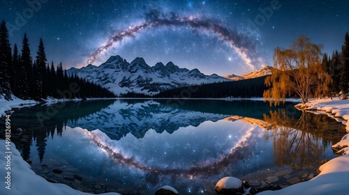A magical winter nightscape capturing the Milky Way arching over snow-covered mountains, perfectly reflected in a calm, clear alpine lake.