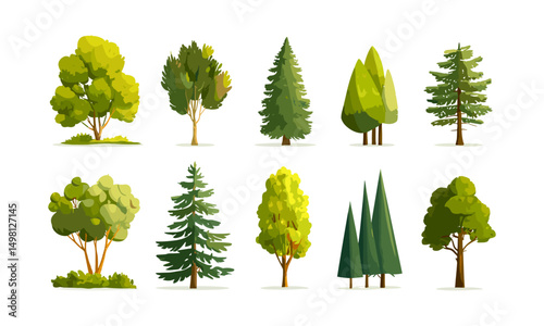 Green forest tree summer icons, flat vector illustration, natural ecosystem graphics, woodland scenery elements, outdoor adventure symbols, environment conservation, fresh foliage design.