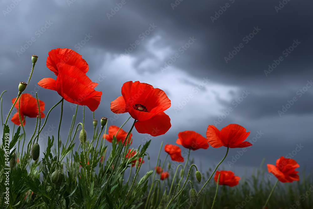 Fototapeta premium Opium Poppies Sway Gracefully Under Dark Clouds in an Open Field During a Moody Afternoon