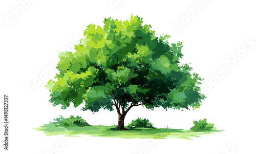 Summer watercolor tree painting, hand painted green foliage, isolated on white, botanical artwork, garden nature scene, vector illustration, seasonal flora, environmental art.
