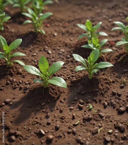 Vibrant green coffee seedlings emerge from rich soil , harvest, spring, agriculture