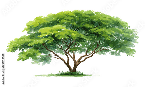 Green tree watercolor illustration, isolated on white, natural landscape, environmental symbol, hand painted art, sustainable living, forest scenery, vector illustration, organic theme.