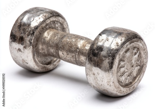 This dumbbell has a distressed, vintage appearance with a rusty iron patina, making it perfect for decorating a rustic gym or for those who prefer nostalgic workouts, and it's isolated on a