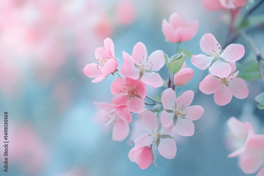 Fototapeta premium Delicate pink flowers bloom softly against a serene blurred background in springtime tranquility, Delicate pink flowers with soft, blurred background Perfect for spring or floral designs