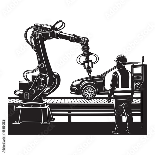 Robotic Arm Assembling Car on Assembly Line Industrial Automation Illustration