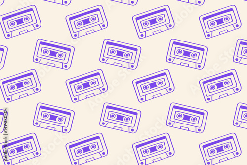 Retro Cassette Tape Seamless Pattern – Vintage Music Repeating Design. Seamless pattern featuring hand-drawn cassette tapes in a retro nostalgic style – perfect for music lovers.