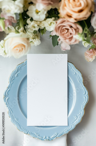 Elegant blank card mockup set on a ceramic plate with soft floral decorations