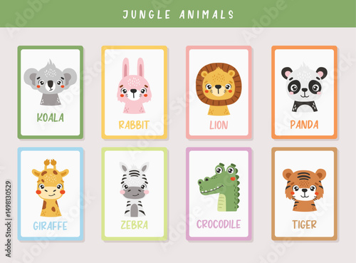 Jungle animals set isolated, cute safari animals, kids posters, cartoon, cards for kids