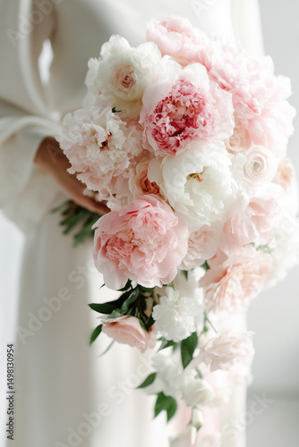 A cascading bouquet of pink peonies held by a woman