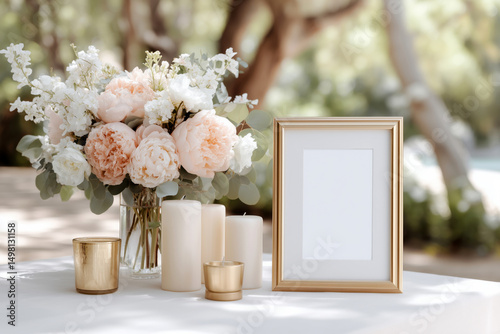Blank gold folio frame mockup placed on an outdoor table decorated with festive floral bouquets and candles
