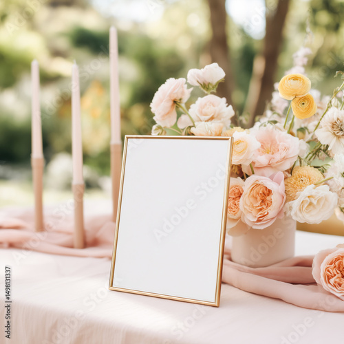 Blank gold frame mockup displayed on an outdoor table decorated with floral bouquets and candles