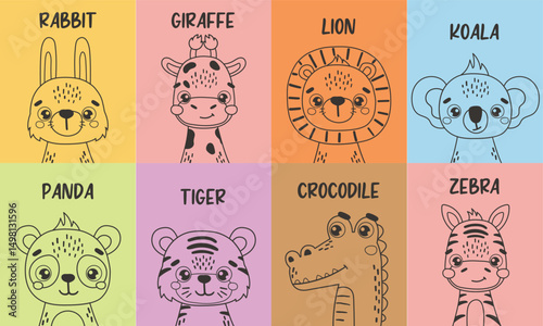 Jungle line animals set isolated, cute tropical animals, kids posters, cartoon, cards for kids