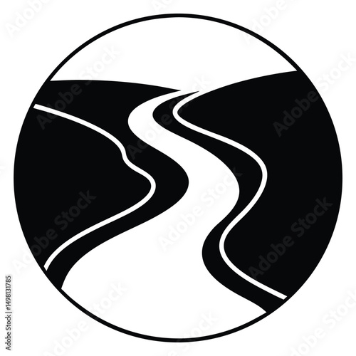 vector illustration of a stylized vector graphic of a winding river flowing through a mountainous landscape, all enclosed within a circle