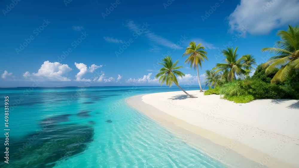 Idyllic tropical beach paradise with crystal clear turquoise water, white sand and palm trees under bright blue sky. Idyllic tropical beach paradise with crystal clear turquoise water, white sand and palm trees under bright blue sky.