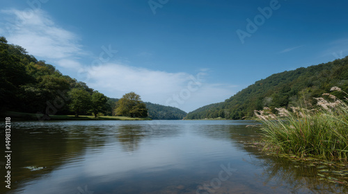 serene lake nestled among majestic mountains of kentucky reflecting clear blue sky and surrounded by lush greenery