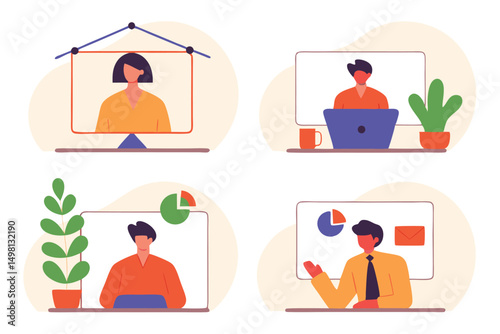 Vector illustration of online meetings remote working and business presentations in modern style