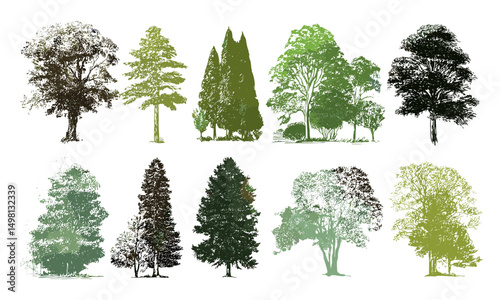 Vector illustration of various green tree silhouettes, isolated hand drawn forest elements, natural landscape icons, botanical vector graphics, eco nature symbols, woodland outlines.