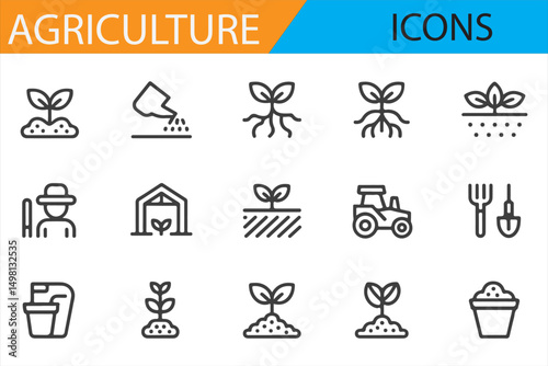 Agriculture Icon Set: Minimalist Line Art for Tractor, Crops, Animals, and Farming Tools
