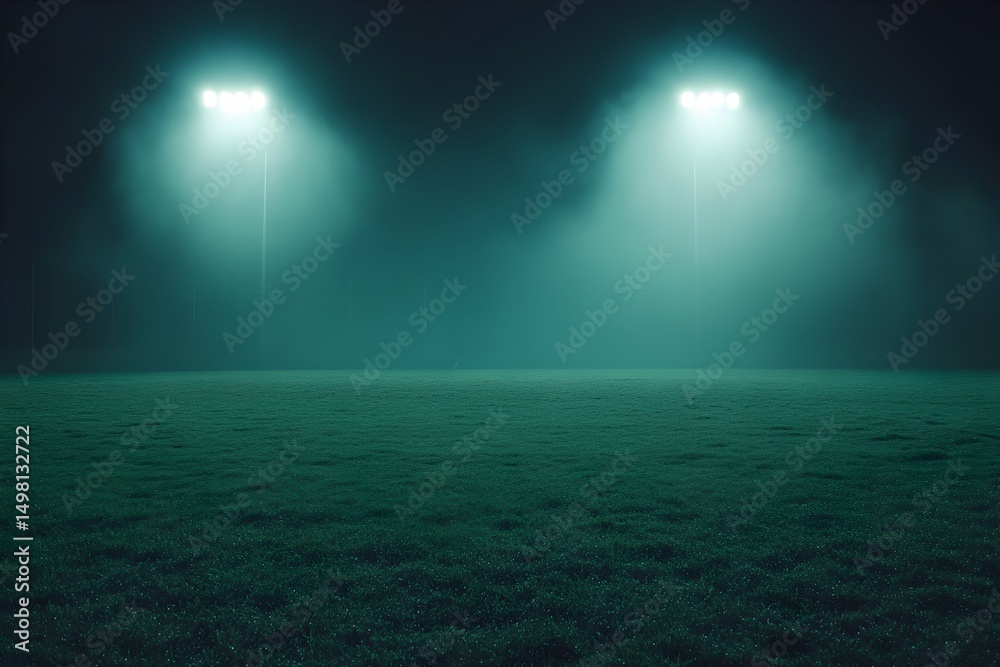 Fototapeta premium Football field illuminated by stadium lights along with copy space on dark background