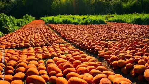 Rows of freshly harvested sweet potatoes laid out on farmland after harvest, with foliage and trees in the background on a sunny day.