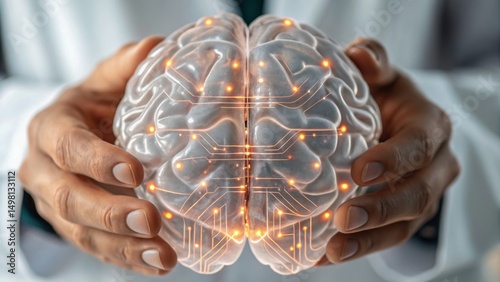 Neuroscientist Working in High-Tech Research Lab Concept, A human hand holds a transparent brain with glowing circuits, symbolizing technology and intelligence.