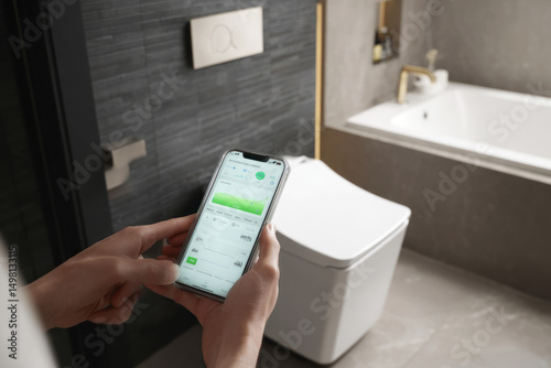 Wallpaper Mural Person holding smartphone with smart toilet app displaying nutrient analysis, inside modern bathroom with sleek fixtures and minimalist design. ai generative Torontodigital.ca