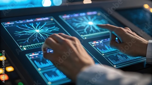 Neuroscientist Working in High-Tech Research Lab Concept, Fingers interacting with a high-tech touchscreen displaying data visualizations and analytics.