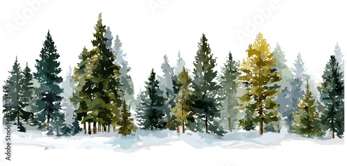 Snowy christmas trees in forest, hand painted watercolor landscape, holiday background scene, wide layout, mountain trees, greeting season art, scenic nature, vector illustration, png.