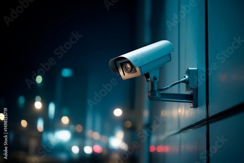 A security camera is mounted on a wall, monitoring a lively urban street during the night. Bright city lights create a vibrant atmosphere, enhancing safety in the area
