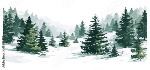 Hand drawn christmas tree forest, winter holiday landscape, watercolor vector illustration, wide background, snowy woods, nature scenery, greeting card scene, mountain forest, png.
