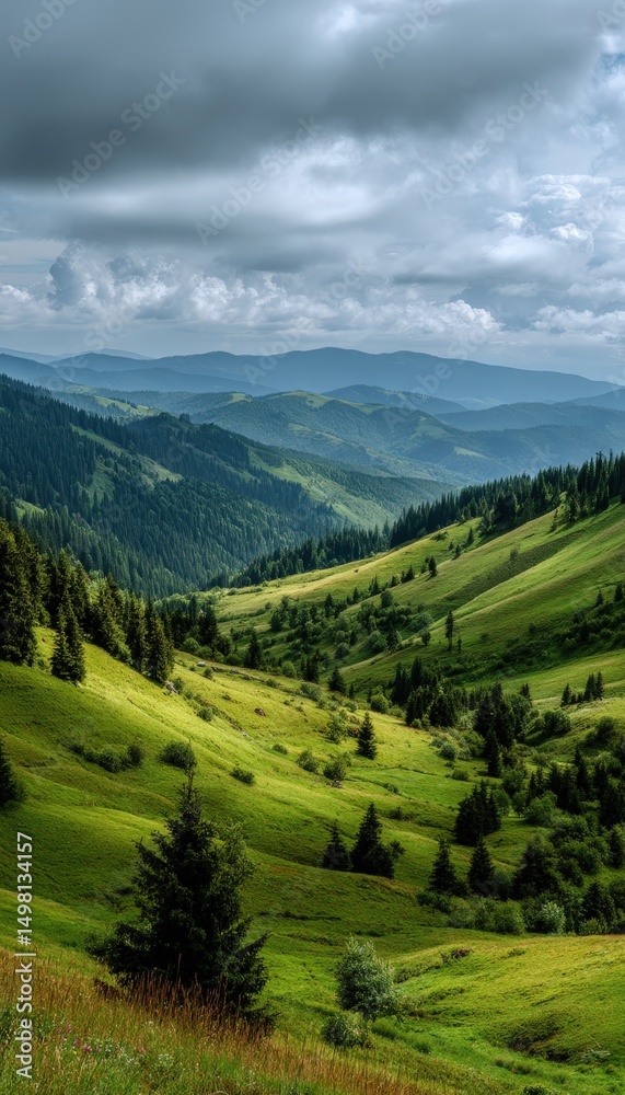 Fototapeta premium Scenic view of lush green rolling hills and forested mountain landscape under cloudy sky