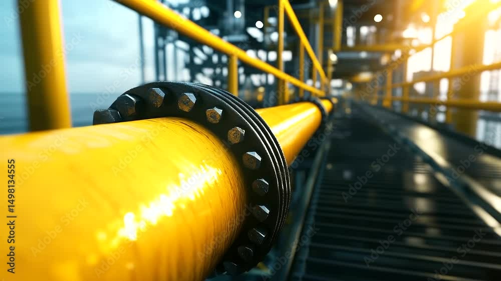 Transport Threading Yellow oil transport pipe viewed from side angle, detailed metal ...