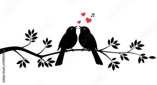 Birds Couple Silhouette on Branch singing, Vector. Birds in love Silhouette, Wall Decals, Art Decoration, Wall Decor, Birds Silhouette on branch isolated on white background, romantic